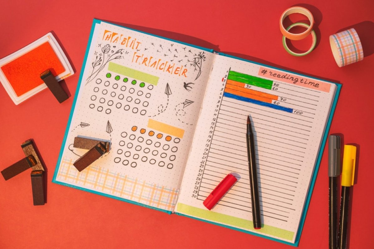 Bullet journal open on a habit tracker and book tracker page with washi tape and pens